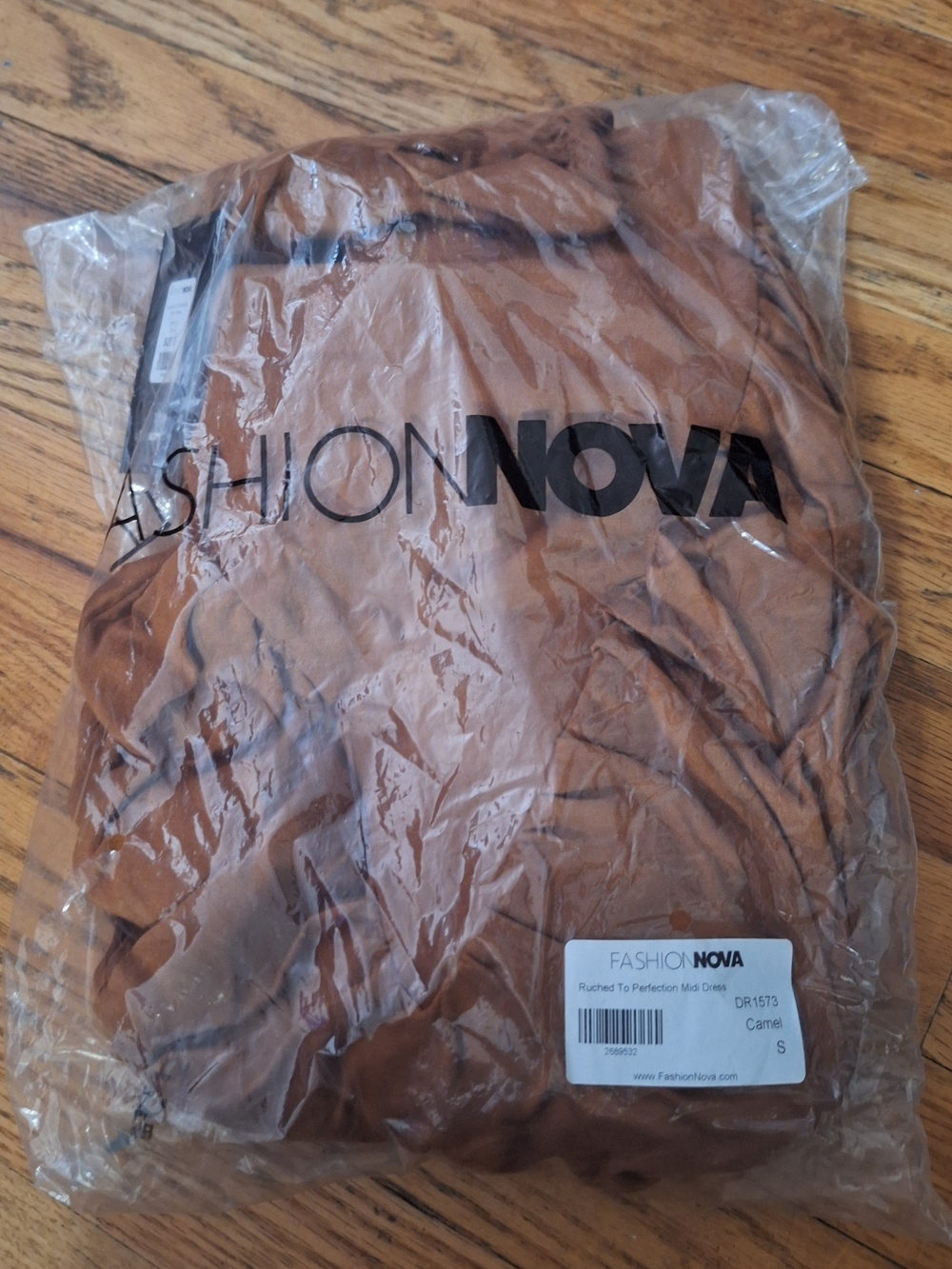 Fashion Nova Camel Brown Ruched Midi Dress
